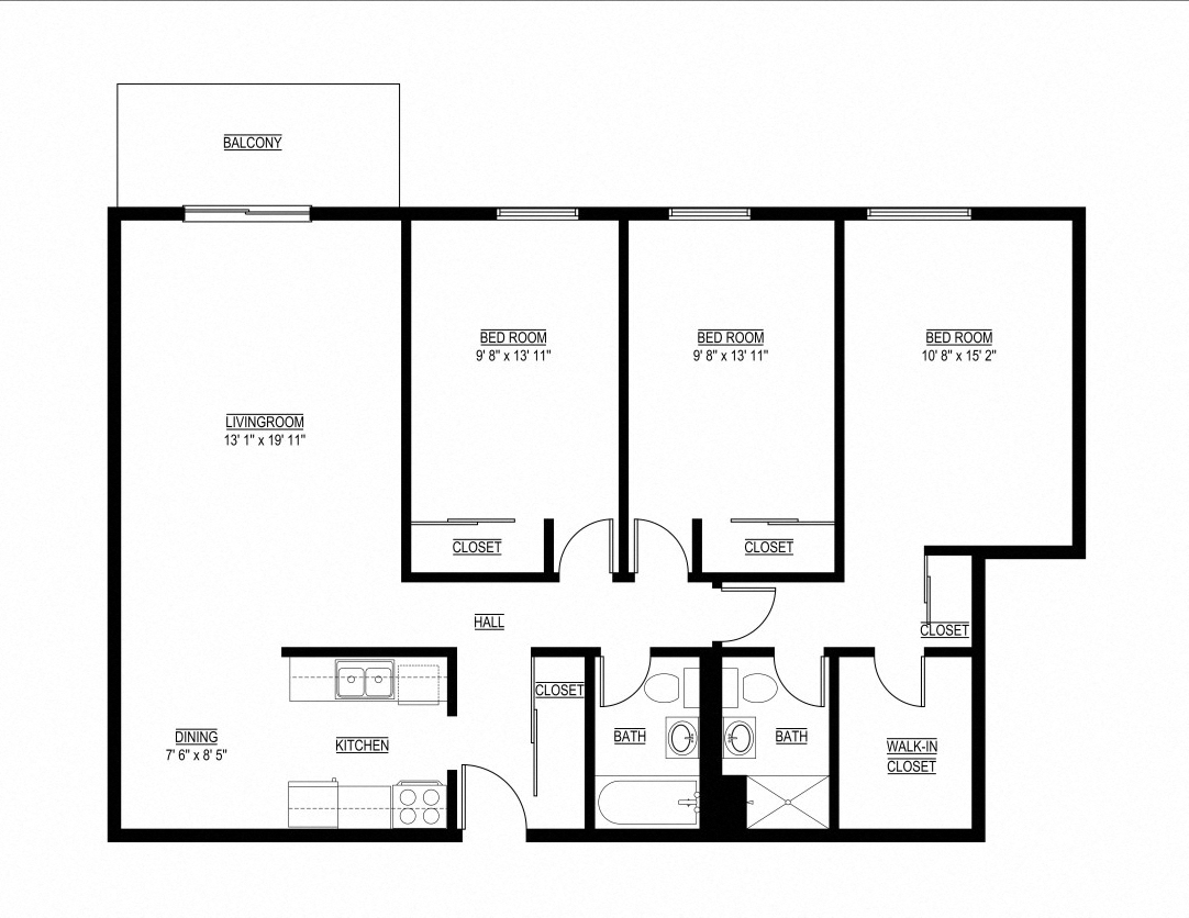 Floor plan for 3 beds, 1.8 baths, 1195 sqft